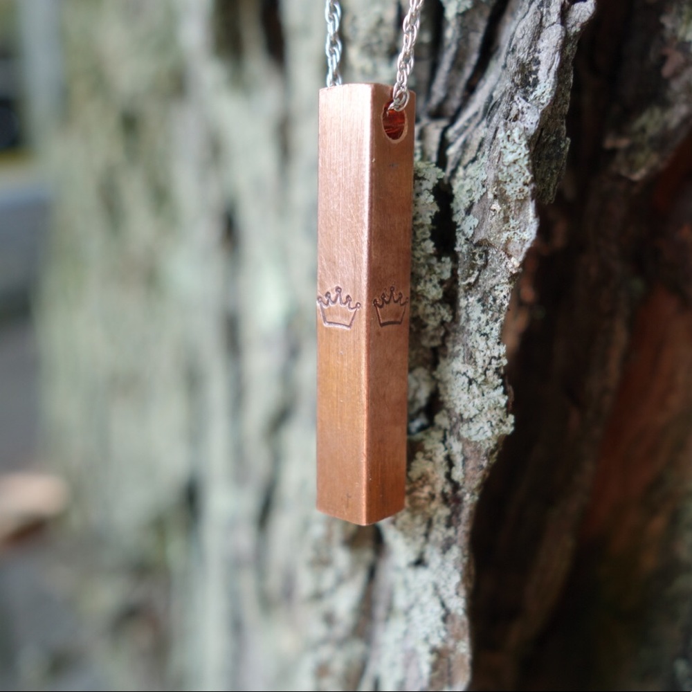 Custom hand made Copper bar pendant w crown detail